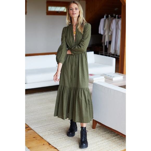 Emerson Fry India Collection Frances 3 Swiss Dot Organic Midi Dress Moss Size M - Picture 2 of 10